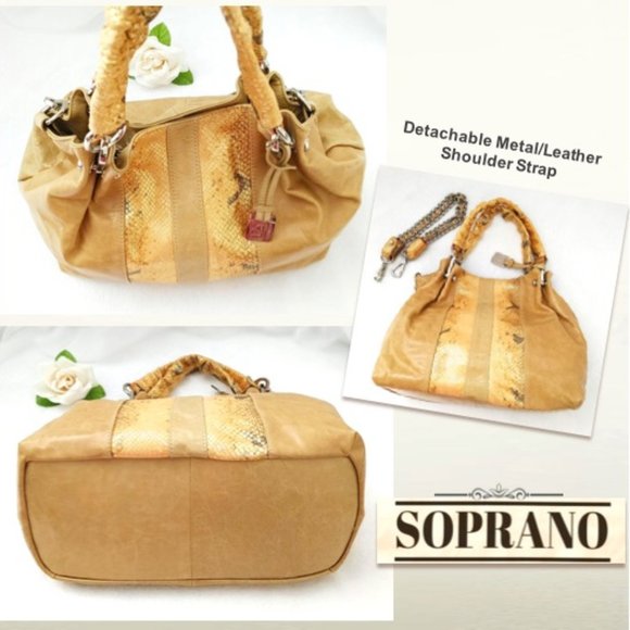 SOPRANO Tan Taupe Orange Soft Leather Satchel Purse Braided Chain Shoulder Bag - Picture 5 of 11